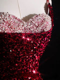 Niulatu Mermaid Spaghetti Straps Sequin Beads Burgundy Long Prom Dresses Formal Evening Dress SD2337