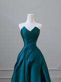 Niulatu A Line Strapless Satin Ruffles Long Prom Dresses Formal Evening Dress SD2344