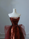 Niulatu Mermaid Strapless Sequin Long Burgundy Ruffles Long Prom Dresses Formal Evening Dress SD2350