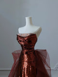 Niulatu Mermaid Strapless Sequin Long Burgundy Ruffles Long Prom Dresses Formal Evening Dress SD2350
