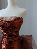 Niulatu Mermaid Strapless Sequin Long Burgundy Ruffles Long Prom Dresses Formal Evening Dress SD2350