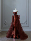 Niulatu Mermaid Strapless Sequin Long Burgundy Ruffles Long Prom Dresses Formal Evening Dress SD2350