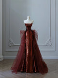 Niulatu Mermaid Strapless Sequin Long Burgundy Ruffles Long Prom Dresses Formal Evening Dress SD2350