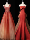 Niulatu Mermaid Strapless Satin Long Rust Red Ruffles Long Prom Dresses Formal Evening Dress SD2354