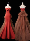 Niulatu Mermaid Strapless Satin Long Rust Red Ruffles Long Prom Dresses Formal Evening Dress SD2354