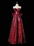 Niulatu A Line Sweetheart Sequin Long Burgundy Long Prom Dresses Formal Evening Dress SD2355