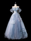 Niulatu A Line Off The Shoulder Blue Tulle Long Prom Dresses Formal Evening Dress SD2356