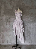 Niulatu Irregular Ruffled Suspender Prom Dresses With Detachable Rose Long Birthday Dress For Women SD235