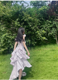 Niulatu Irregular Ruffled Suspender Prom Dresses With Detachable Rose Long Birthday Dress For Women SD235