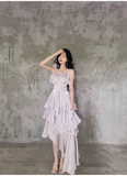 Niulatu Irregular Ruffled Suspender Prom Dresses With Detachable Rose Long Birthday Dress For Women SD235