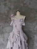 Niulatu Irregular Ruffled Suspender Prom Dresses With Detachable Rose Long Birthday Dress For Women SD235