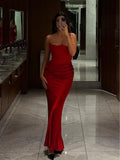 Niulatu Mermaid Strapless Satin Red Long Ruffles Prom Dresses Formal Evening Dress SD2364