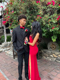 Niulatu Mermaid Strapless Satin Red Long Ruffles Slit Prom Dresses Formal Evening Dress SD2365