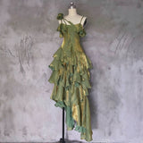 Niulatu Irregular Ruffled Spaghetti Straps Green Prom Dresses With Detachable Rose Long Birthday Dress For Women SD236