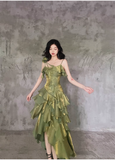 Niulatu Irregular Ruffled Spaghetti Straps Green Prom Dresses With Detachable Rose Long Birthday Dress For Women SD236