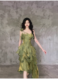 Niulatu Irregular Ruffled Spaghetti Straps Green Prom Dresses With Detachable Rose Long Birthday Dress For Women SD236