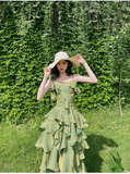 Niulatu Irregular Ruffled Spaghetti Straps Green Prom Dresses With Detachable Rose Long Birthday Dress For Women SD236