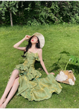 Niulatu Irregular Ruffled Spaghetti Straps Green Prom Dresses With Detachable Rose Long Birthday Dress For Women SD236