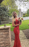 Niulatu Mermaid Spaghetti Straps Red Sequin Long Party Dresses Prom Dress SD2371