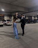 Niulatu Mermaid Spaghetti Straps Maxi Long Party Blue Sequin Prom Dresses Evening Dress SD2378