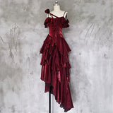 Niulatu Irregular Ruffled Spaghetti Straps Burgundy Prom Dresses With Detachable Rose Long Birthday Dress For Women SD237