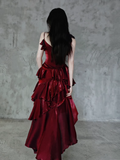 Niulatu Irregular Ruffled Spaghetti Straps Burgundy Prom Dresses With Detachable Rose Long Birthday Dress For Women SD237