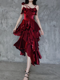 Niulatu Irregular Ruffled Spaghetti Straps Burgundy Prom Dresses With Detachable Rose Long Birthday Dress For Women SD237