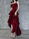 Niulatu Irregular Ruffled Spaghetti Straps Burgundy Prom Dresses With Detachable Rose Long Birthday Dress For Women SD237