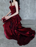 Niulatu Irregular Ruffled Spaghetti Straps Burgundy Prom Dresses With Detachable Rose Long Birthday Dress For Women SD237