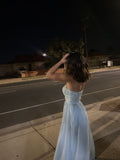 Niulatu A Line Strapless Maxi Long Party Light Blue Prom Dresses Evening Dress SD2380