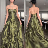 Niulatu Ball Gown Strapless Satin Olive Green Long Ruffles Prom Dresses Formal Evening Dress SD2381