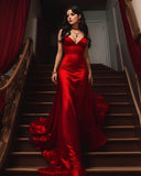 Niulatu Mermaid Spaghetti Straps Red Satin Long Party Dresses Prom Dress SD2382