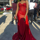 Niulatu Mermaid Spaghetti Straps Slit Red Satin Prom Dresses Long Party Dress SD2386