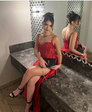 Niulatu Mermaid Spaghetti Straps Slit Red Satin Prom Dresses Long Party Dress SD2386