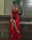 Niulatu Mermaid Spaghetti Straps Slit Red Satin Prom Dresses Long Party Dress SD2386