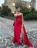 Niulatu Mermaid Spaghetti Straps Slit Red Satin Prom Dresses Long Party Dress SD2386