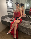 Niulatu Mermaid Spaghetti Straps Slit Red Satin Prom Dresses Long Party Dress SD2386