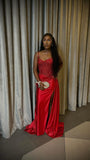 Niulatu Mermaid Spaghetti Straps Slit Red Satin Prom Dresses Long Party Dress SD2386