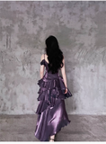 Niulatu Irregular Ruffled Spaghetti Straps Grape Prom Dresses With Detachable Rose Long Birthday Dress For Women SD238