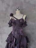 Niulatu Irregular Ruffled Spaghetti Straps Grape Prom Dresses With Detachable Rose Long Birthday Dress For Women SD238