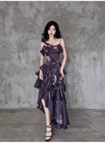 Niulatu Irregular Ruffled Spaghetti Straps Grape Prom Dresses With Detachable Rose Long Birthday Dress For Women SD238