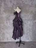 Niulatu Irregular Ruffled Spaghetti Straps Grape Prom Dresses With Detachable Rose Long Birthday Dress For Women SD238