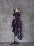 Niulatu Irregular Ruffled Spaghetti Straps Grape Prom Dresses With Detachable Rose Long Birthday Dress For Women SD238