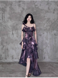Niulatu Irregular Ruffled Spaghetti Straps Grape Prom Dresses With Detachable Rose Long Birthday Dress For Women SD238