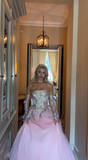 Niulatu Ball Gown Strapless Pink Long Lace Prom Dresses Formal Evening Dress SD2393