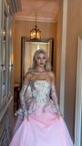Niulatu Ball Gown Strapless Pink Long Lace Prom Dresses Formal Evening Dress SD2393