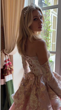 Niulatu Ball Gown Strapless Pink Long Lace Prom Dresses Formal Evening Dress SD2393