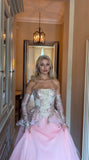 Niulatu Ball Gown Strapless Pink Long Lace Prom Dresses Formal Evening Dress SD2393