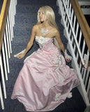 Niulatu Ball Gown Strapless Pink Long Satin Prom Dresses Formal Evening Dress SD2394