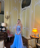 Niulatu A Line Off The Shoulder Maxi Long Party Light Blue Chiffon Prom Dresses Evening Dress SD2383